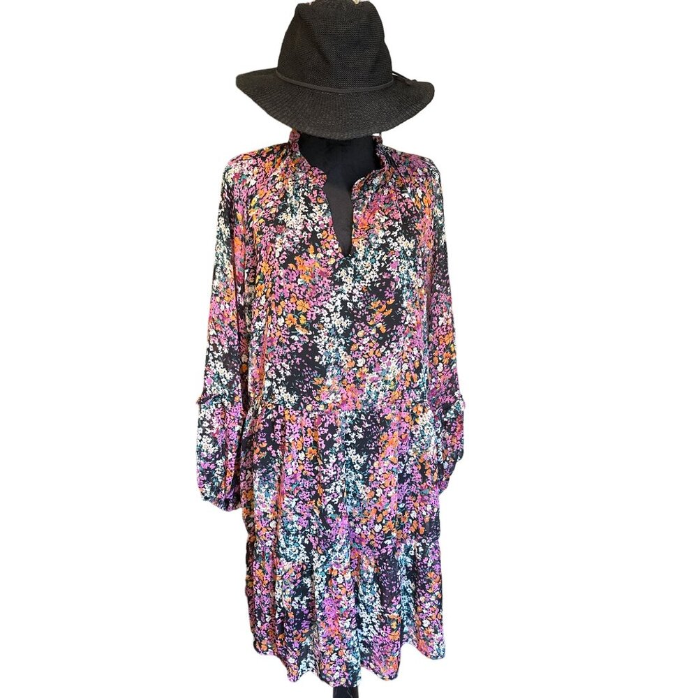 Vince Camuto Black Floral Midi Dress with Pink & Orange Accents